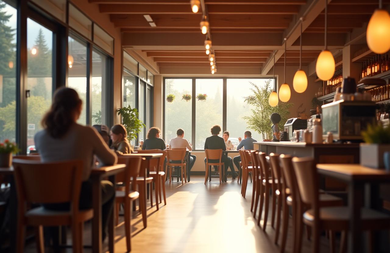 Helle und einladende Atmosphäre im Innenraum des Alpenbrise Café mit Blick auf die Kaffeebar.